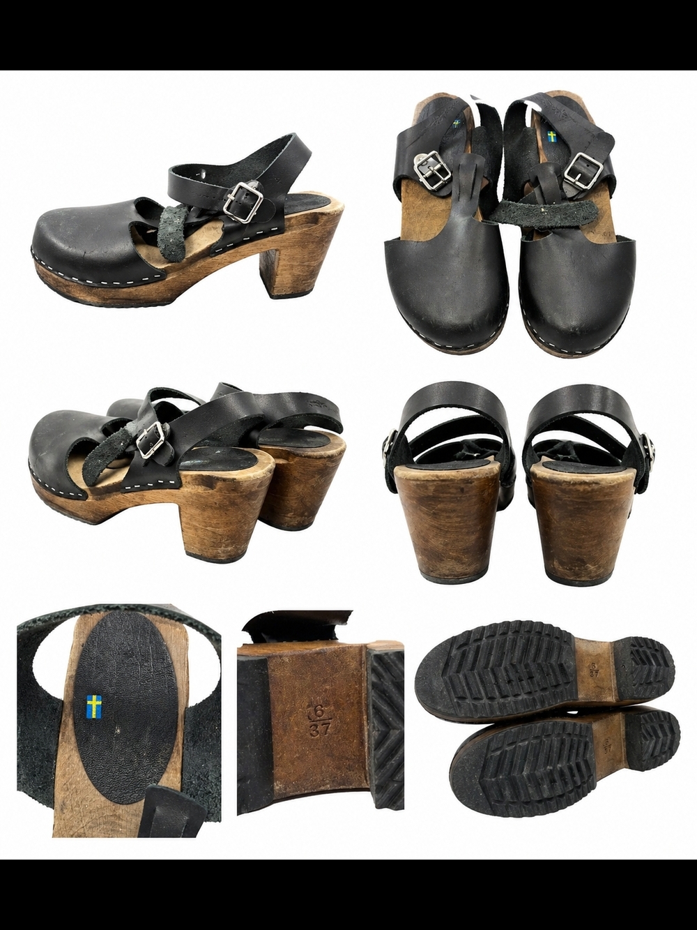 LOTTA Swedish Black Leather Wooden Clog Heels with Ankle Strap